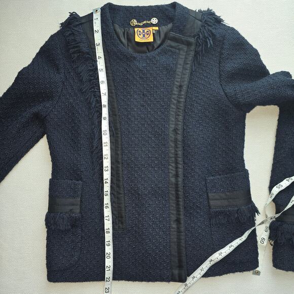Tory Burch Navy Long Sleeve Tweed Fringe Cross Grain Blazer Sz 4 (708) - Picture 10 of 11